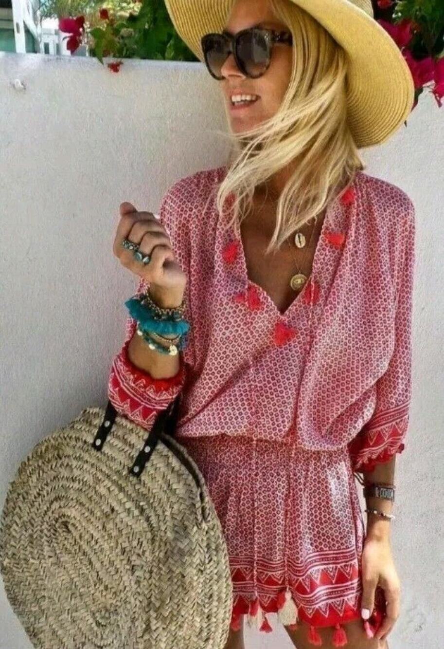 Mini Dress Red & White Print Size L Tassles Boho Fiesta Party Cruise Beach